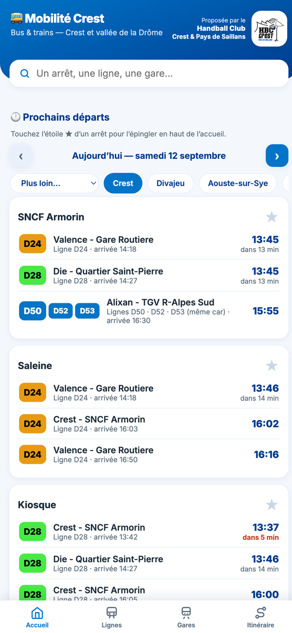 Écran d'accueil : les prochains départs à Crest
