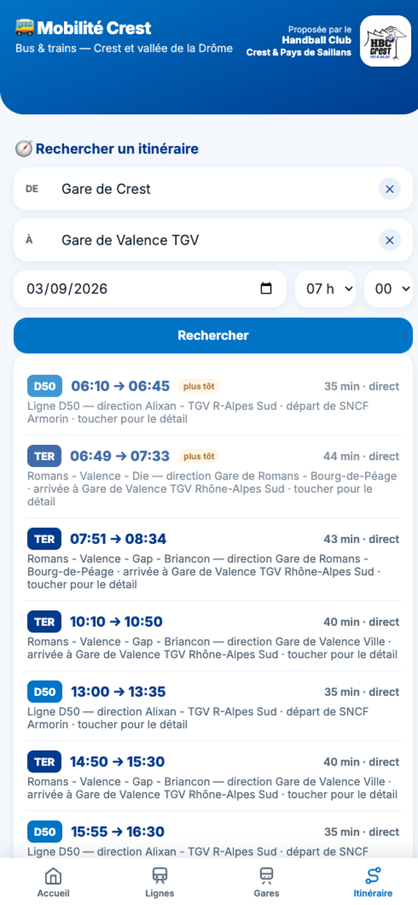 Écran itinéraire de l'appli : Gare de Crest vers Gare de Valence TGV