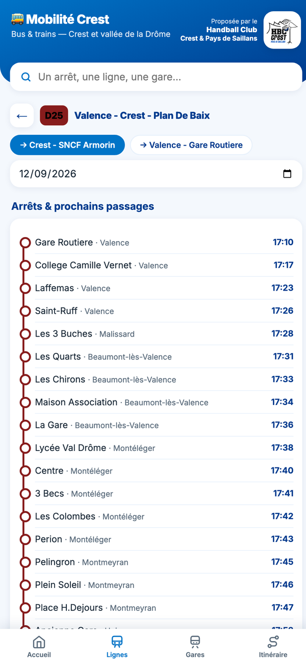 Écran d'une ligne : le parcours du car D25 arrêt par arrêt